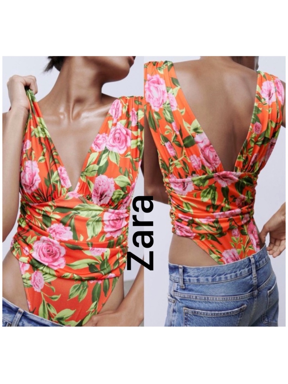 Zara Orange Floral Ruched V-Neck Bodysuit